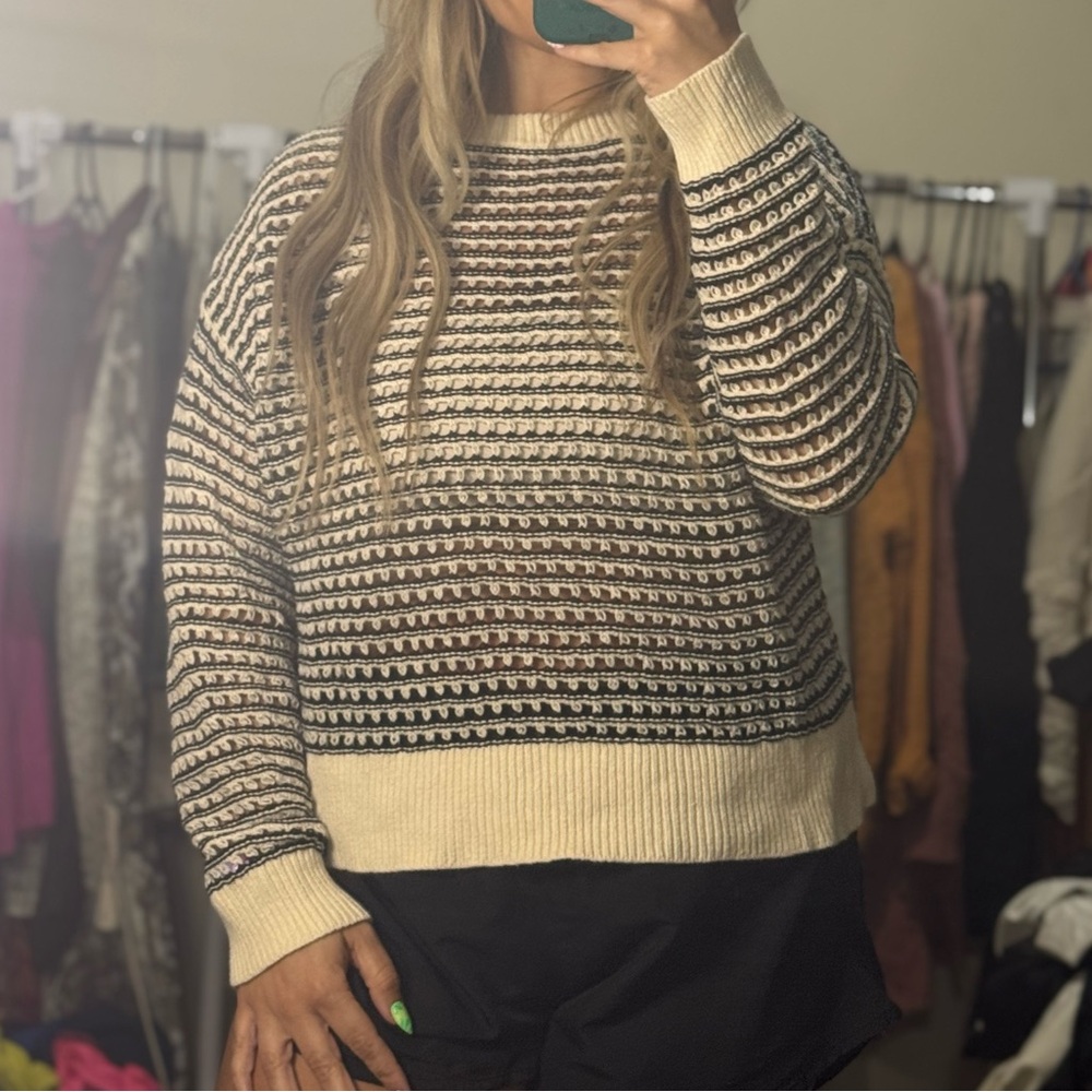 Cream and Black Patterned Crewneck Knit Sweater